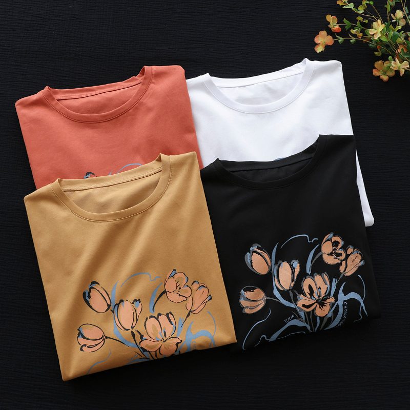 T-shirt Ample En Coton À Fleurs Rétro Pour Femmes