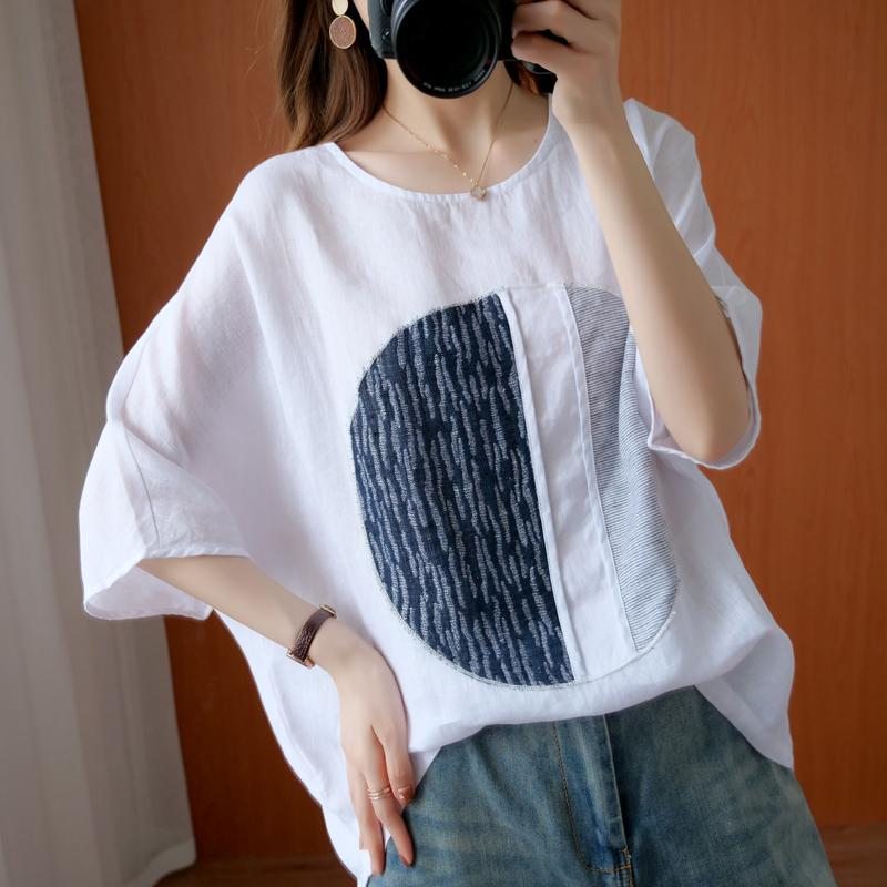 T-shirt Ample Patchwork En Coton Et Lin Pour Femme