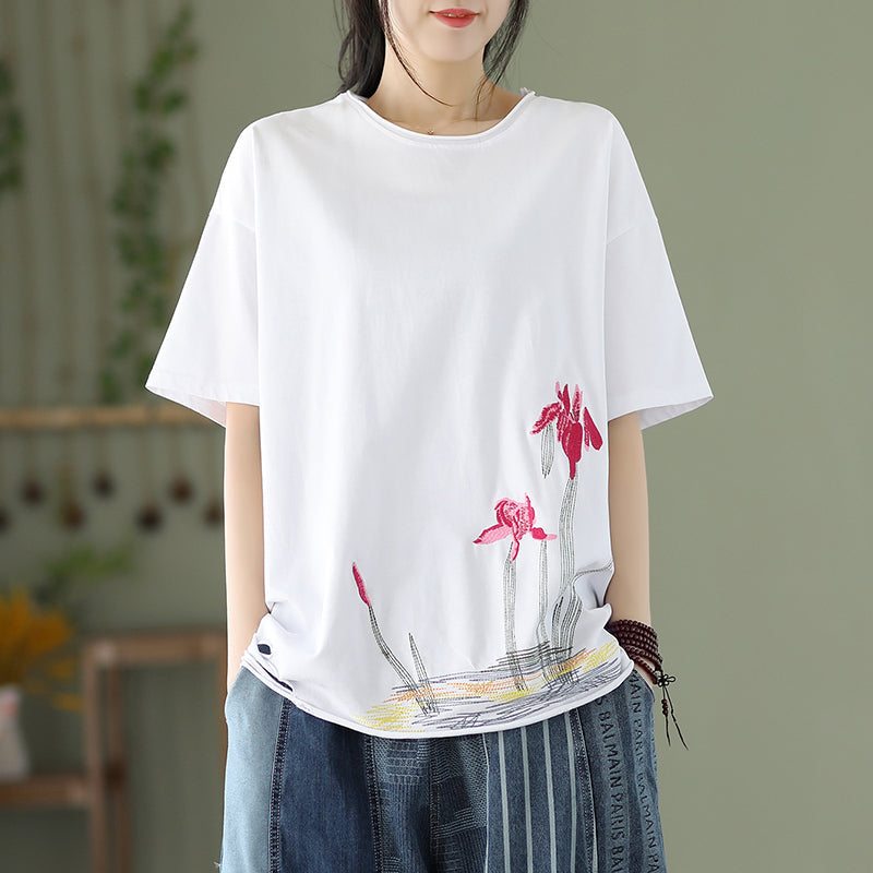 T-shirt En Coton À Broderie Florale Rétro Pour Femme