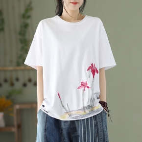 T-shirt En Coton À Broderie Florale Rétro Pour Femme