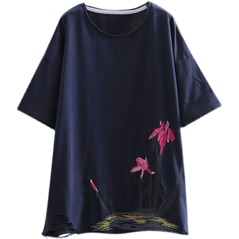 T-shirt En Coton À Broderie Florale Rétro Pour Femme