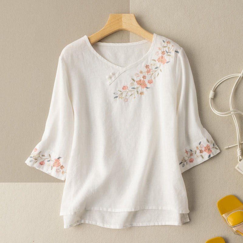 T-shirt En Coton Et Lin Avec Broderie Florale Rétro Pour Femme Printemps-été