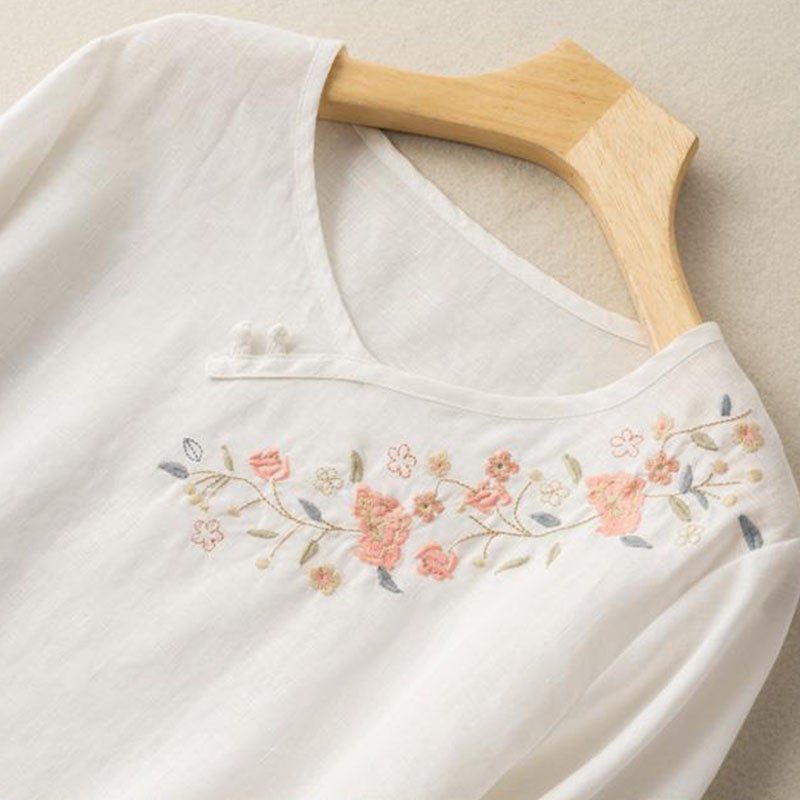 T-shirt En Coton Et Lin Avec Broderie Florale Rétro Pour Femme Printemps-été