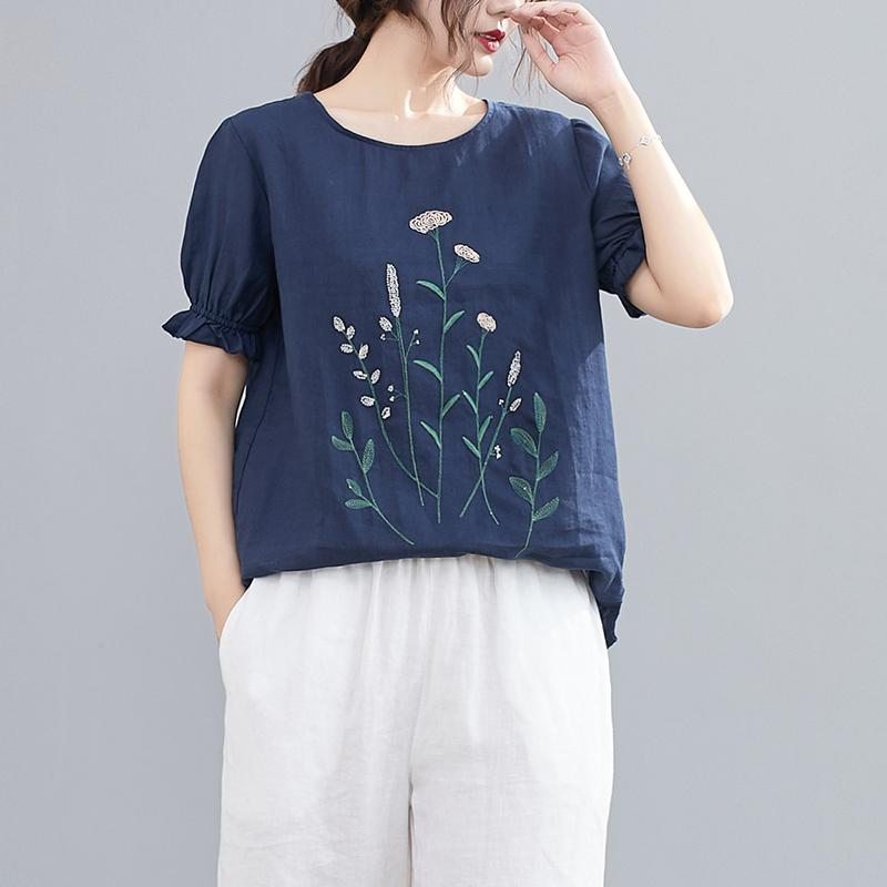 T-shirt Décontracté En Lin Avec Broderie Florale Printemps-été