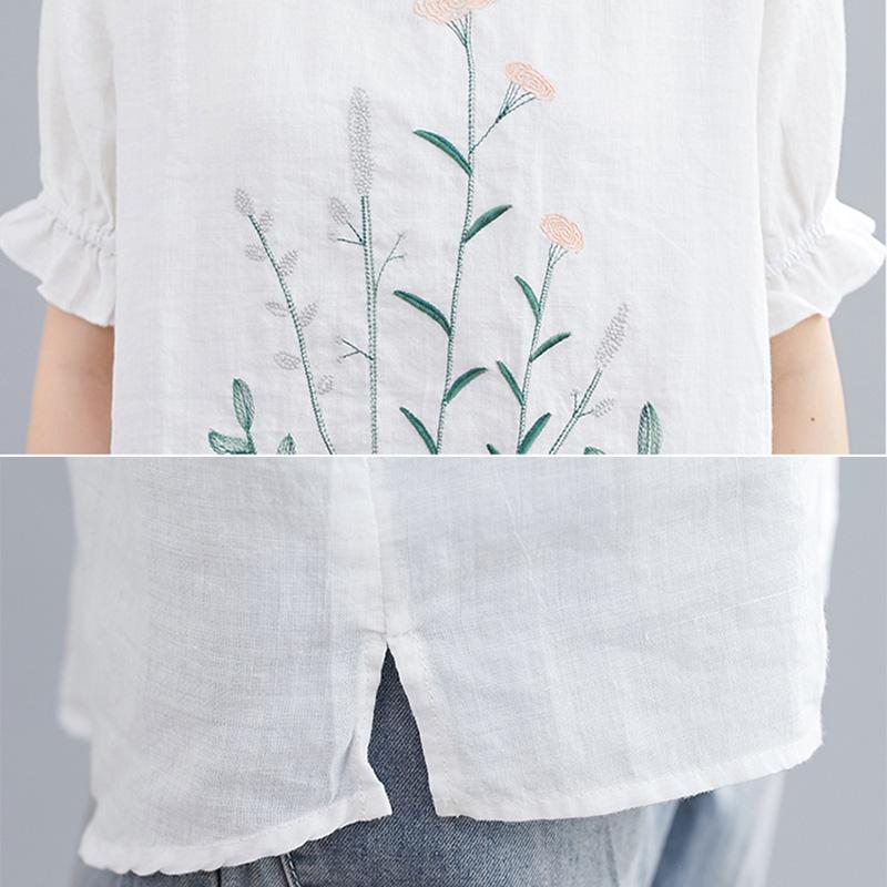 T-shirt Décontracté En Lin Avec Broderie Florale Printemps-été