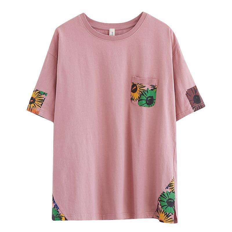 T-shirt D'été Ample En Coton Avec Poche Florale