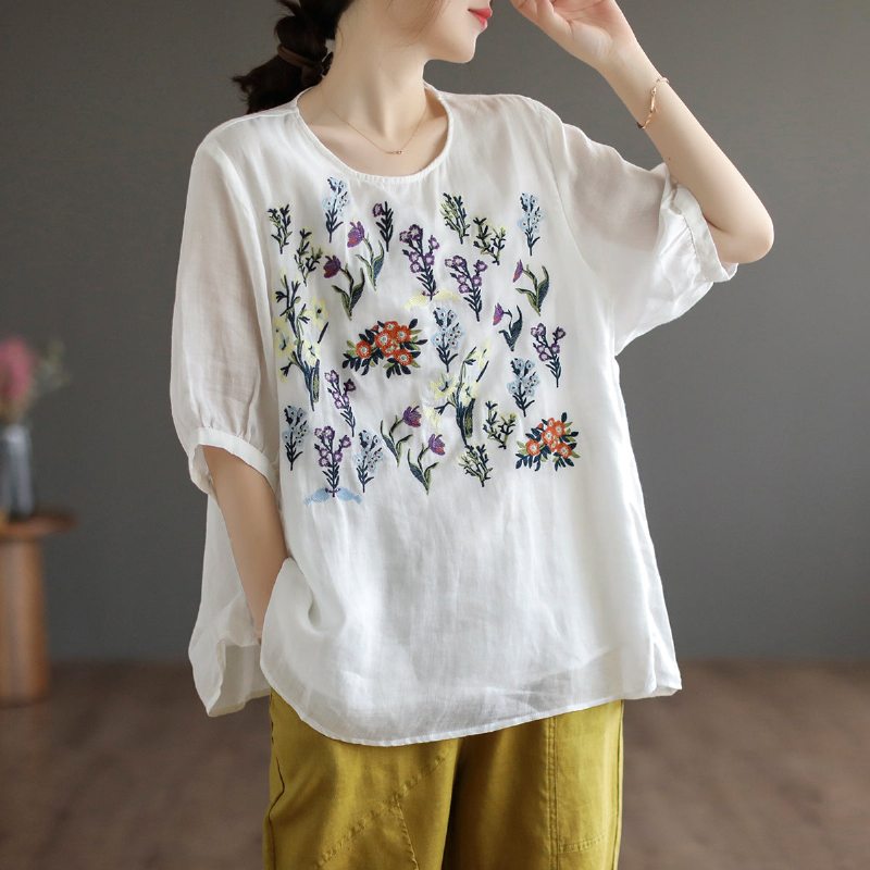 T-shirt En Lin À Broderie Florale Rétro Pour Femmes