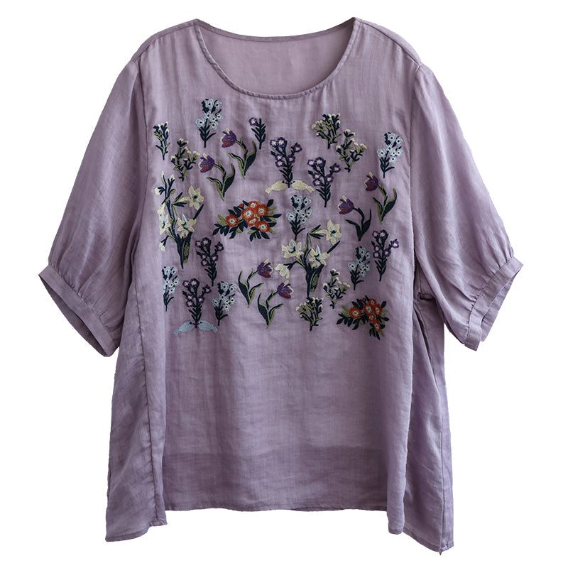 T-shirt En Lin À Broderie Florale Rétro Pour Femmes