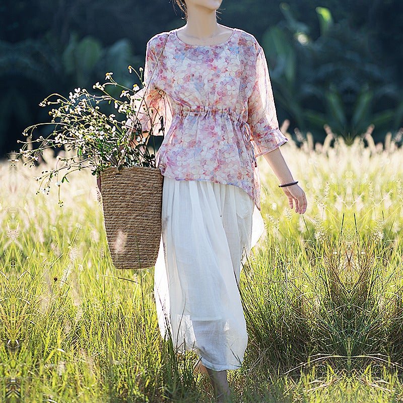 T-shirt En Lin À Volants Fendus Rétro À Fleurs Printemps-été