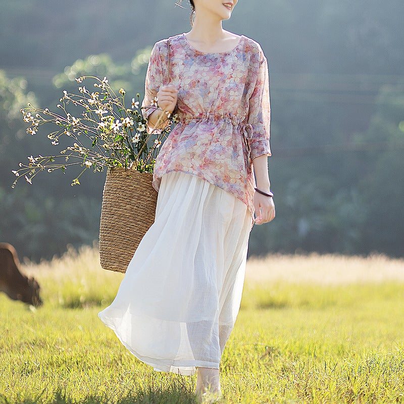 T-shirt En Lin À Volants Fendus Rétro À Fleurs Printemps-été