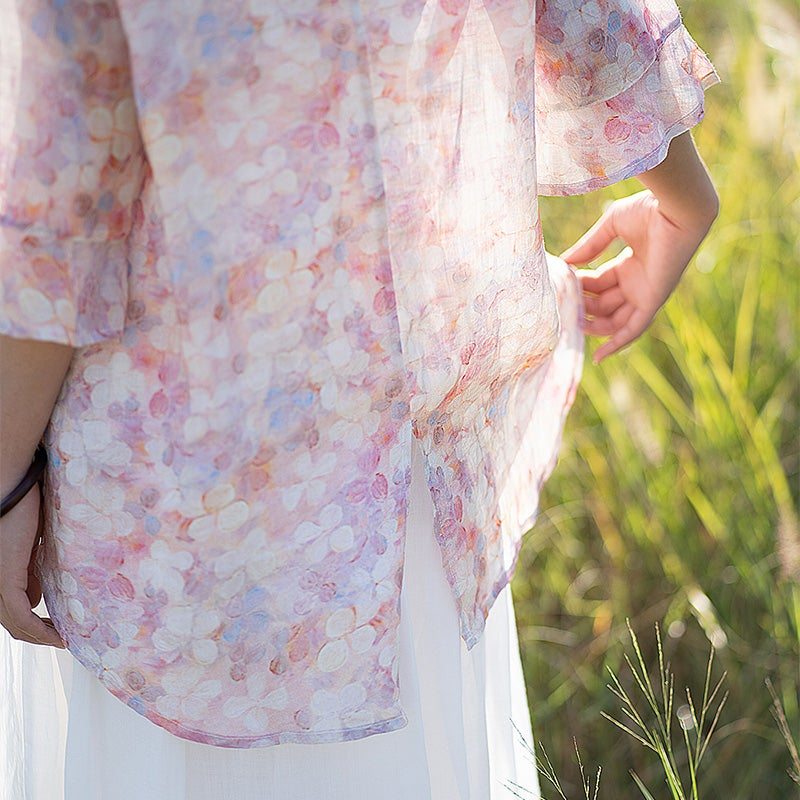 T-shirt En Lin À Volants Fendus Rétro À Fleurs Printemps-été