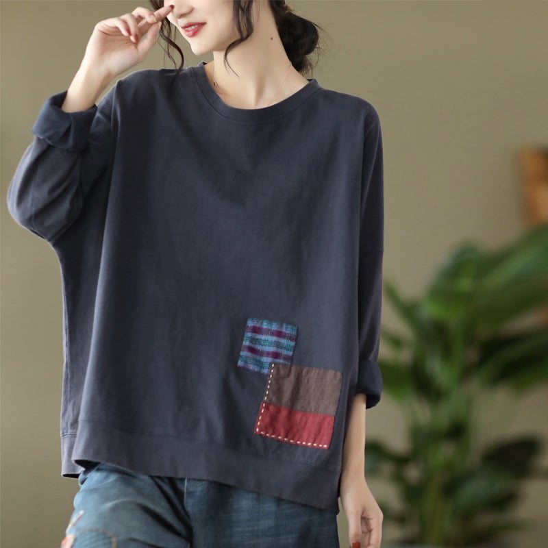 T-shirt À Manches Longues Patchwork Rétro En Coton Pour Femmes