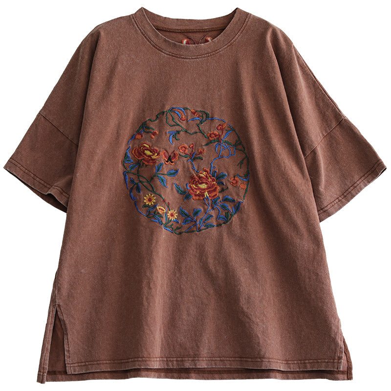 T-shirt Ample À Broderie Florale Rétro Pour Femme