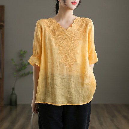 T-shirt À Broderie Florale En Lin Vintage Pour Femmes D'été