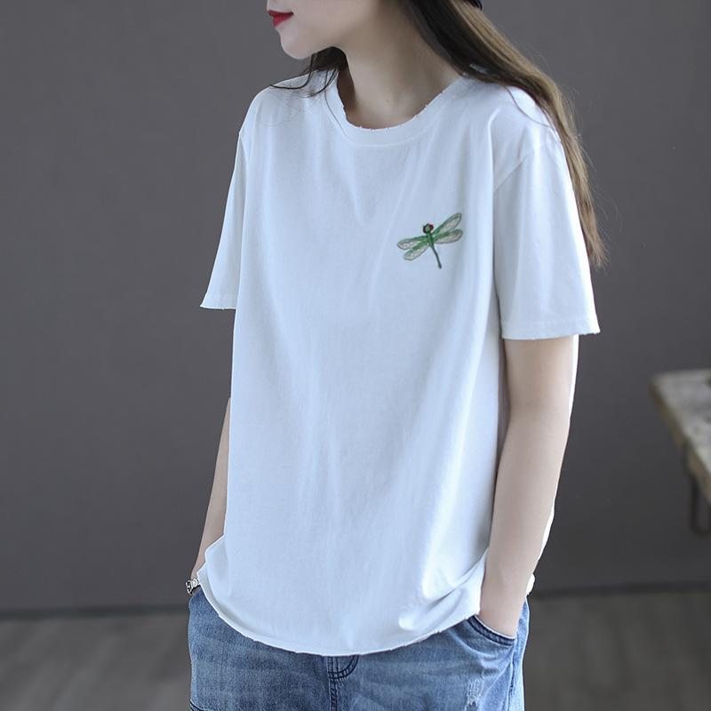 T-shirt En Coton Brodé Libellule Rétro Pour Femme