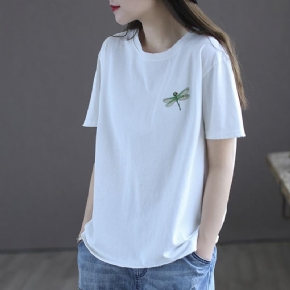 T-shirt En Coton Brodé Libellule Rétro Pour Femme