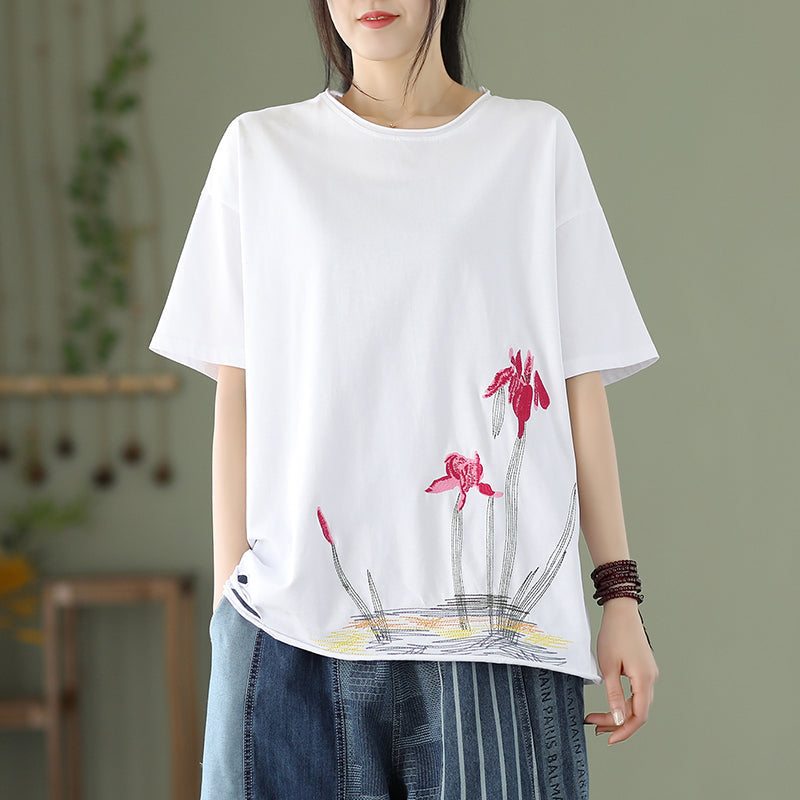 T-shirt En Coton À Broderie Florale Rétro Pour Femme