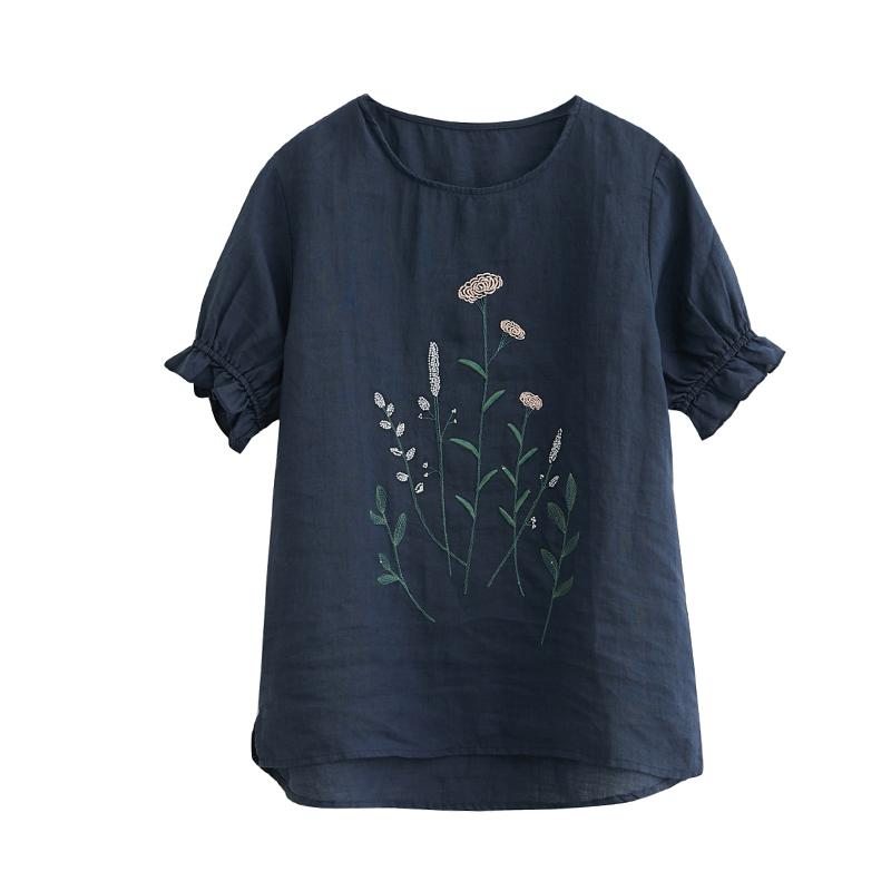 T-shirt Décontracté En Lin Avec Broderie Florale Printemps-été