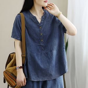 T-shirt En Denim De Coton Tencel Lâche Pour Femme