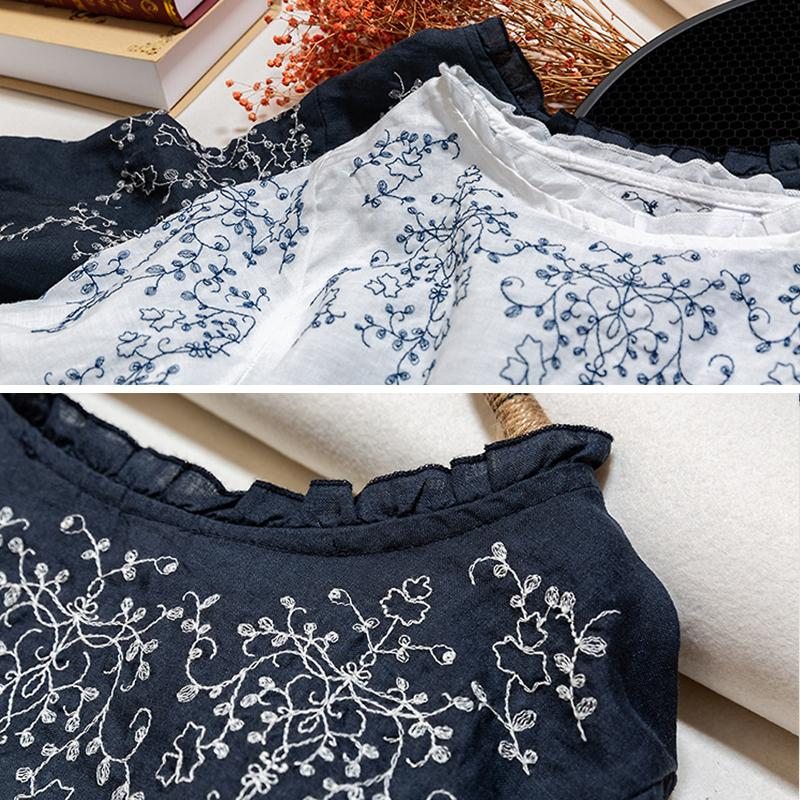 T-shirt D'été En Coton Et Lin Brodé De Fleurs