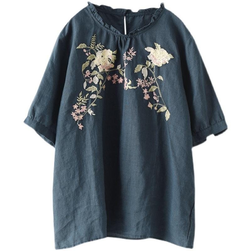 T-shirt En Lin Avec Broderie Florale Rétro Pour Femmes