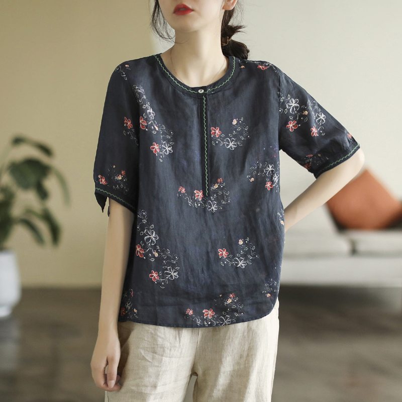 T-shirt En Lin À Manches Courtes À Imprimé Floral Rétro Pour Femmes