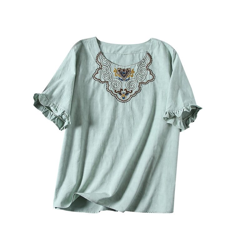 T-shirt À Volants Brodé Vintage Pour Femme