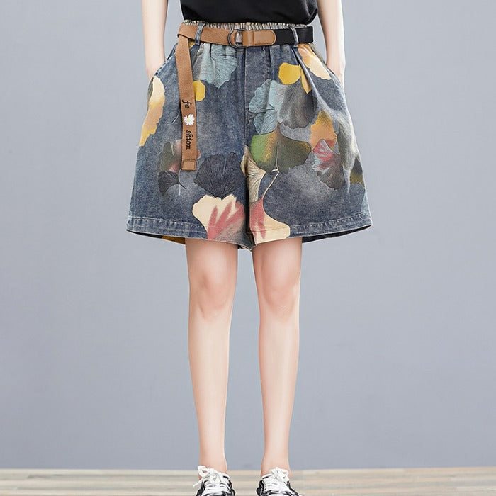 Short Ample En Denim Imprimé Floral Rétro Pour Femme