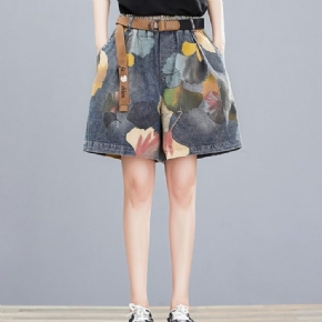 Short Ample En Denim Imprimé Floral Rétro Pour Femme