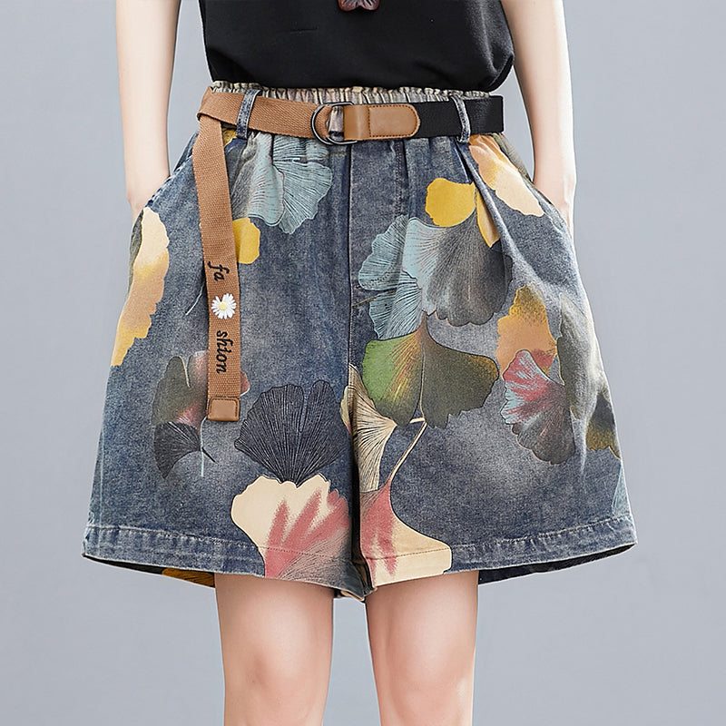 Short Ample En Denim Imprimé Floral Rétro Pour Femme