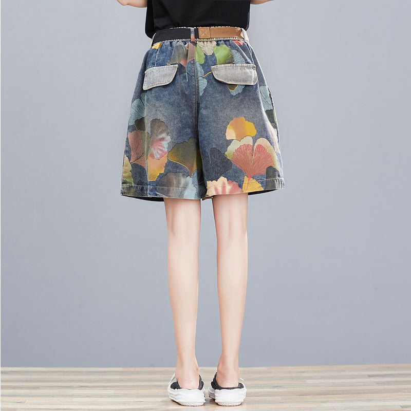 Short Ample En Denim Imprimé Floral Rétro Pour Femme