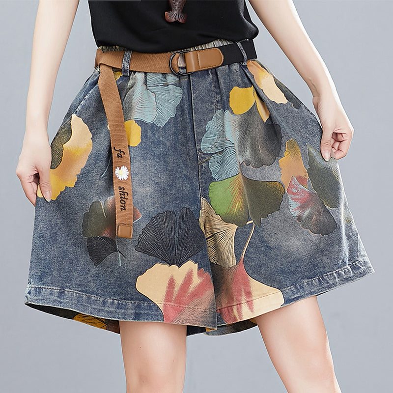 Short Ample En Denim Imprimé Floral Rétro Pour Femme