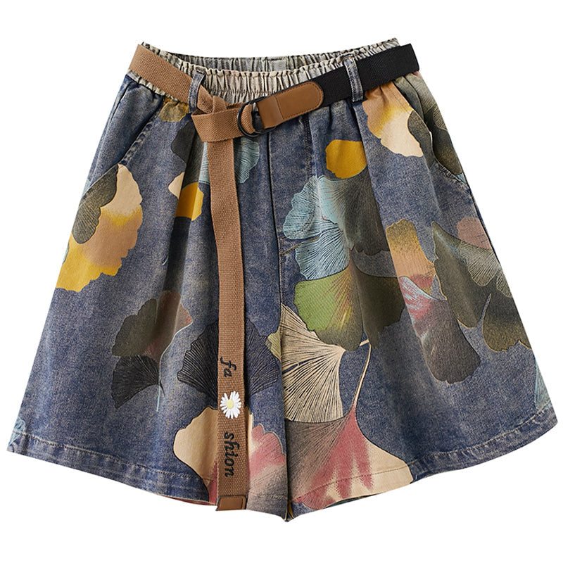 Short Ample En Denim Imprimé Floral Rétro Pour Femme