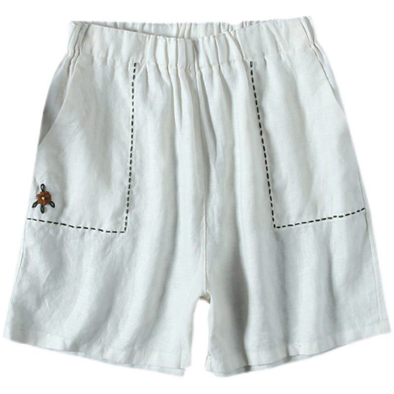 Short Ample Rétro Brodé En Lin D'été