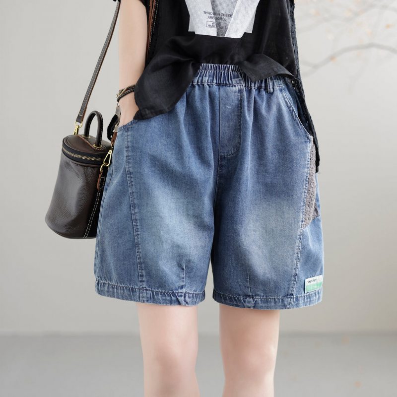 Short En Denim De Coton Ample Rétro Patchwork Pour Femme