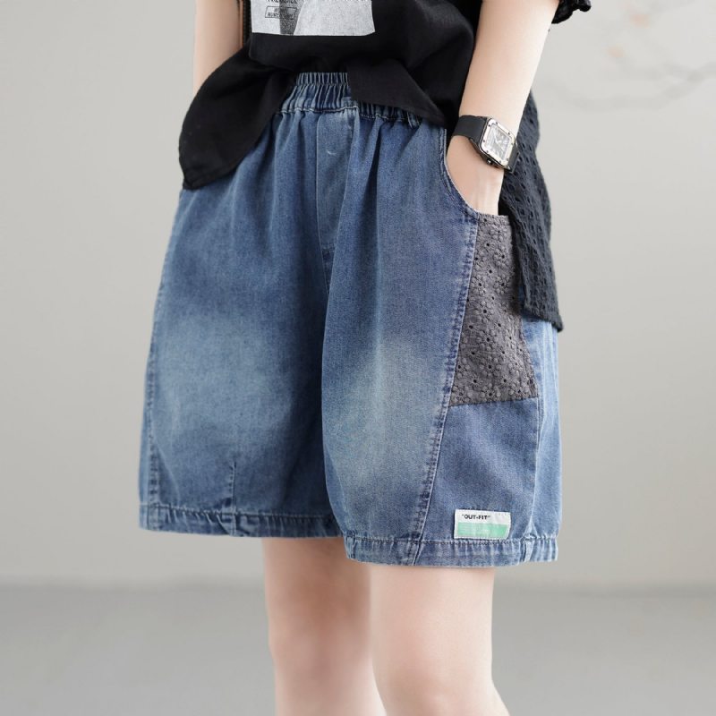 Short En Denim De Coton Ample Rétro Patchwork Pour Femme