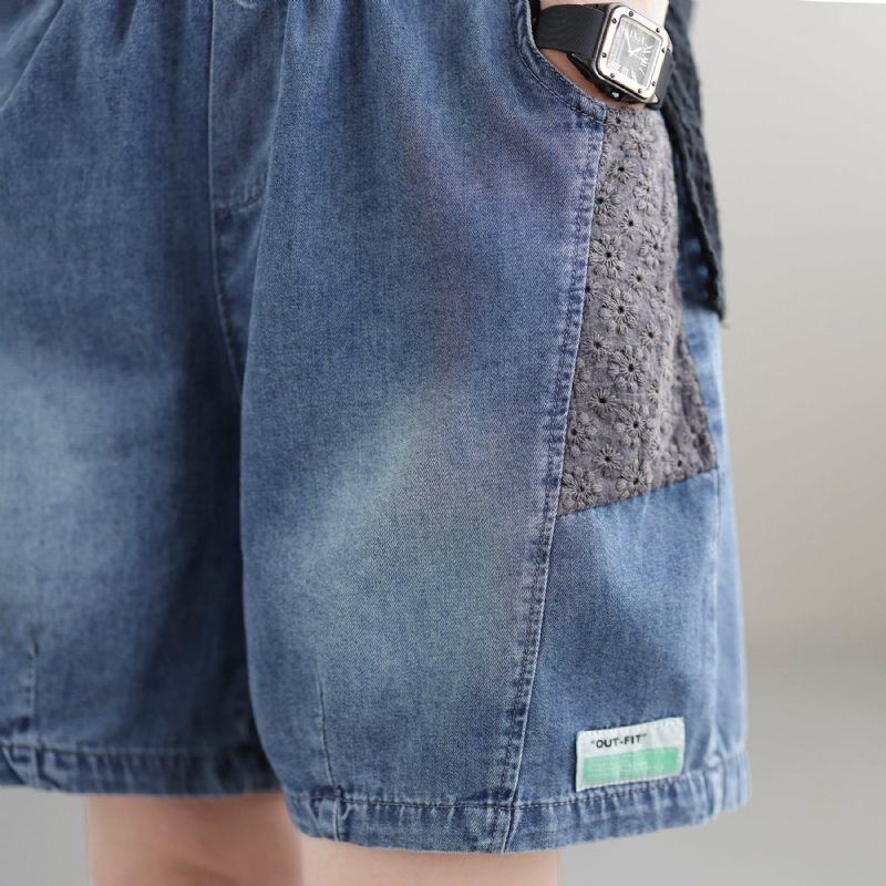 Short En Denim De Coton Ample Rétro Patchwork Pour Femme