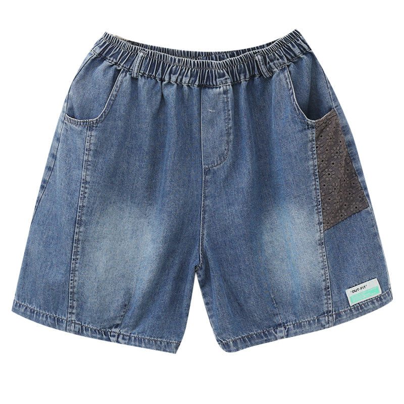 Short En Denim De Coton Ample Rétro Patchwork Pour Femme