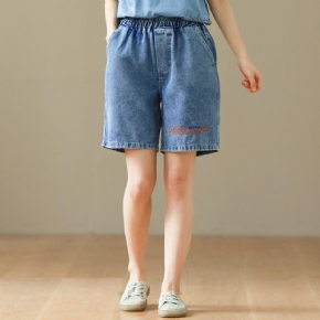 Short En Denim De Coton Brodé De Lettres À La Taille Élastique