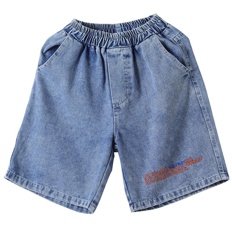 Short En Denim De Coton Brodé De Lettres À La Taille Élastique