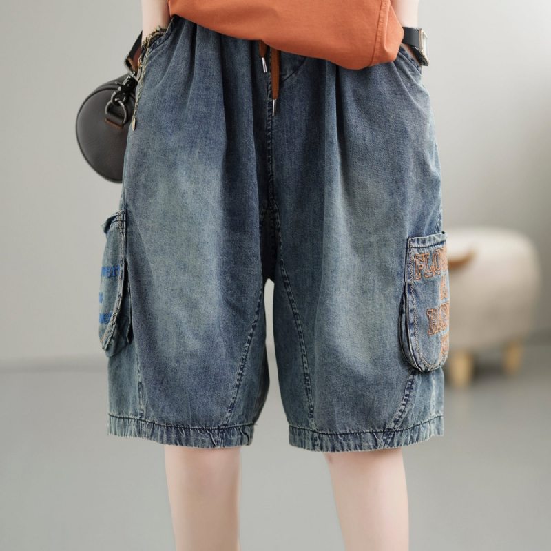 Short En Denim De Coton Brodé Vintage Pour Femme