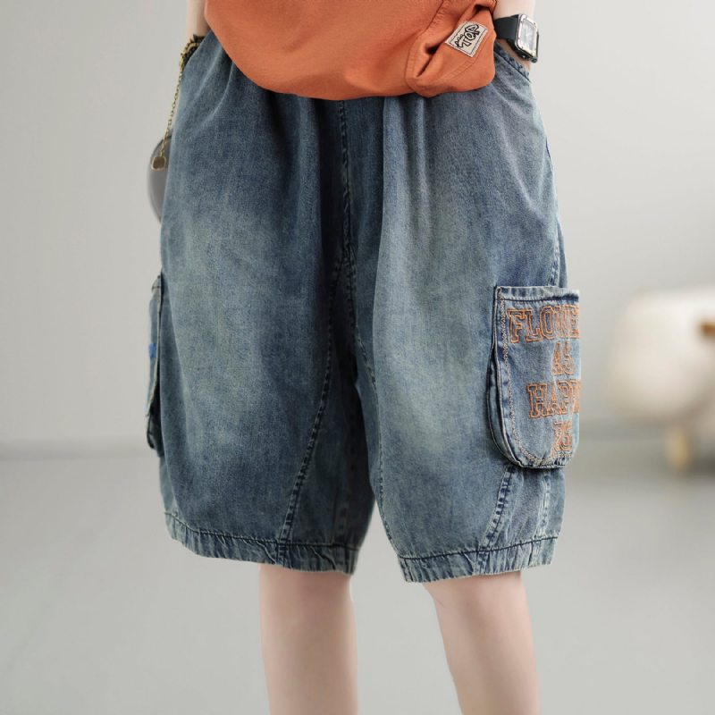 Short En Denim De Coton Brodé Vintage Pour Femme