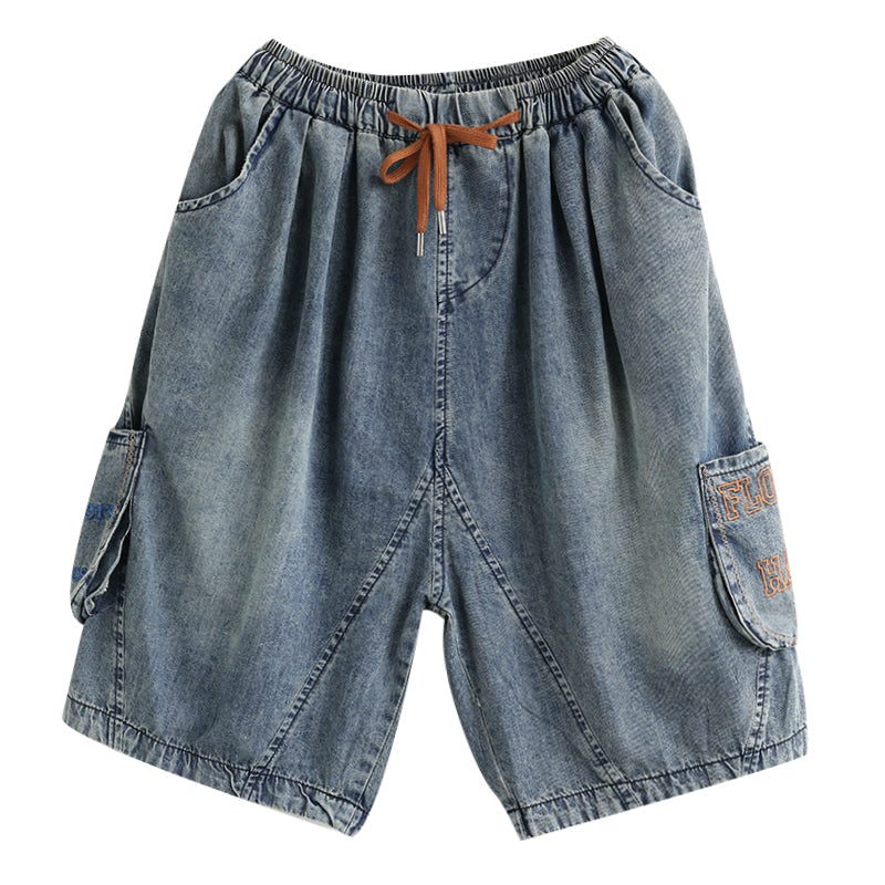 Short En Denim De Coton Brodé Vintage Pour Femme