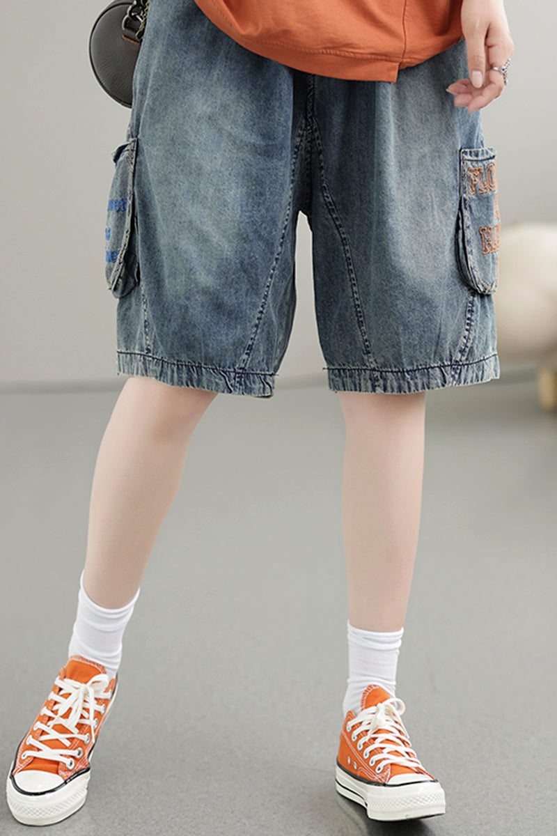 Short En Denim De Coton Brodé Vintage Pour Femme