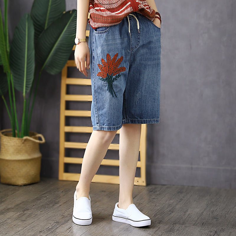 Short En Denim De Coton Brodé Vintage Pour Femme