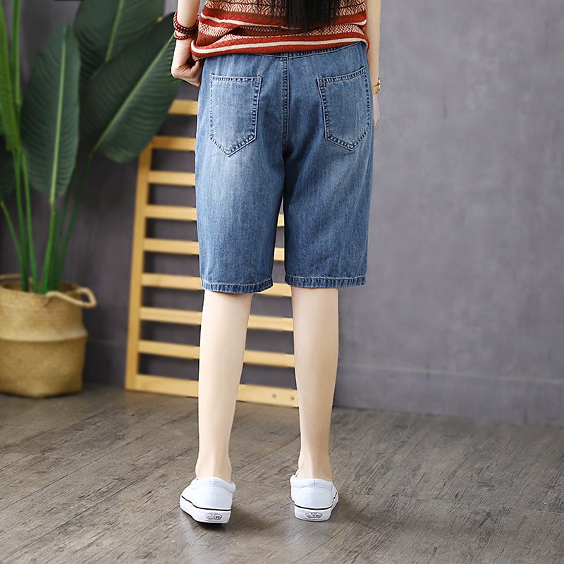 Short En Denim De Coton Brodé Vintage Pour Femme