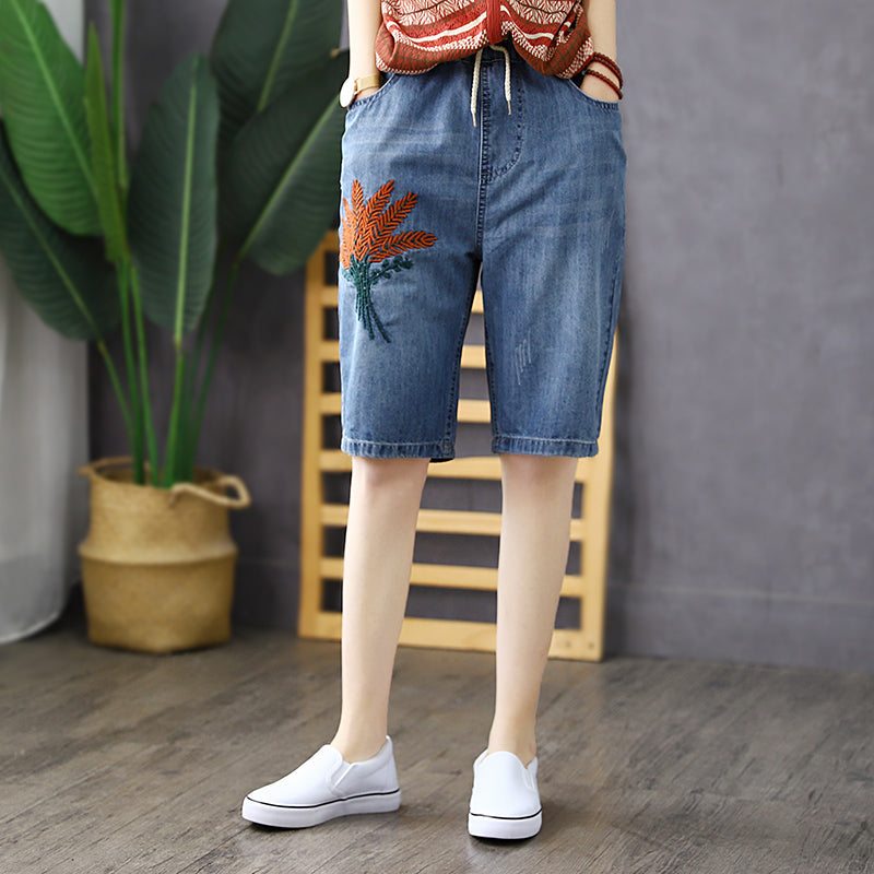 Short En Denim De Coton Brodé Vintage Pour Femme