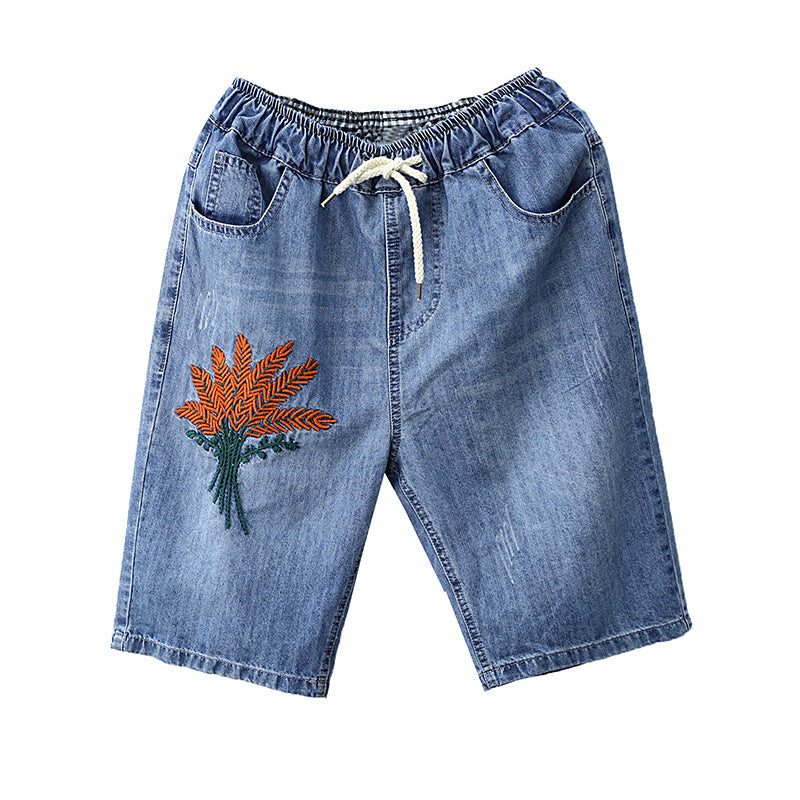 Short En Denim De Coton Brodé Vintage Pour Femme