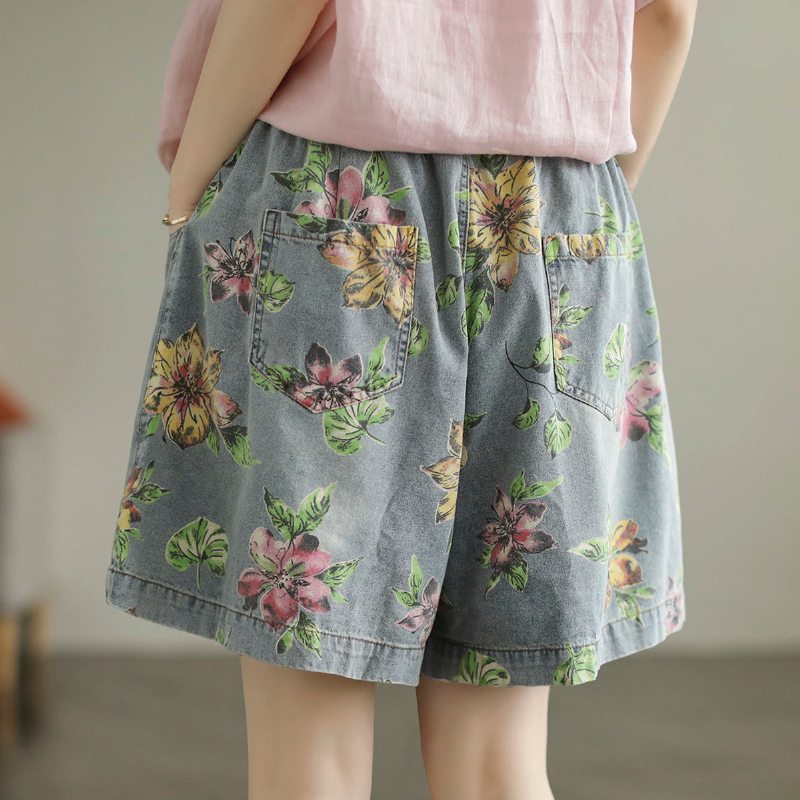 Short En Denim De Coton Imprimé Floral Pour Femmes Lâches D'été