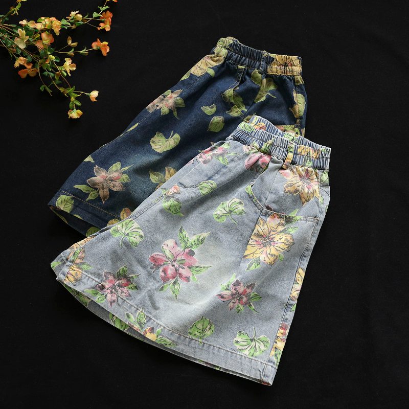 Short En Denim De Coton Imprimé Floral Pour Femmes Lâches D'été